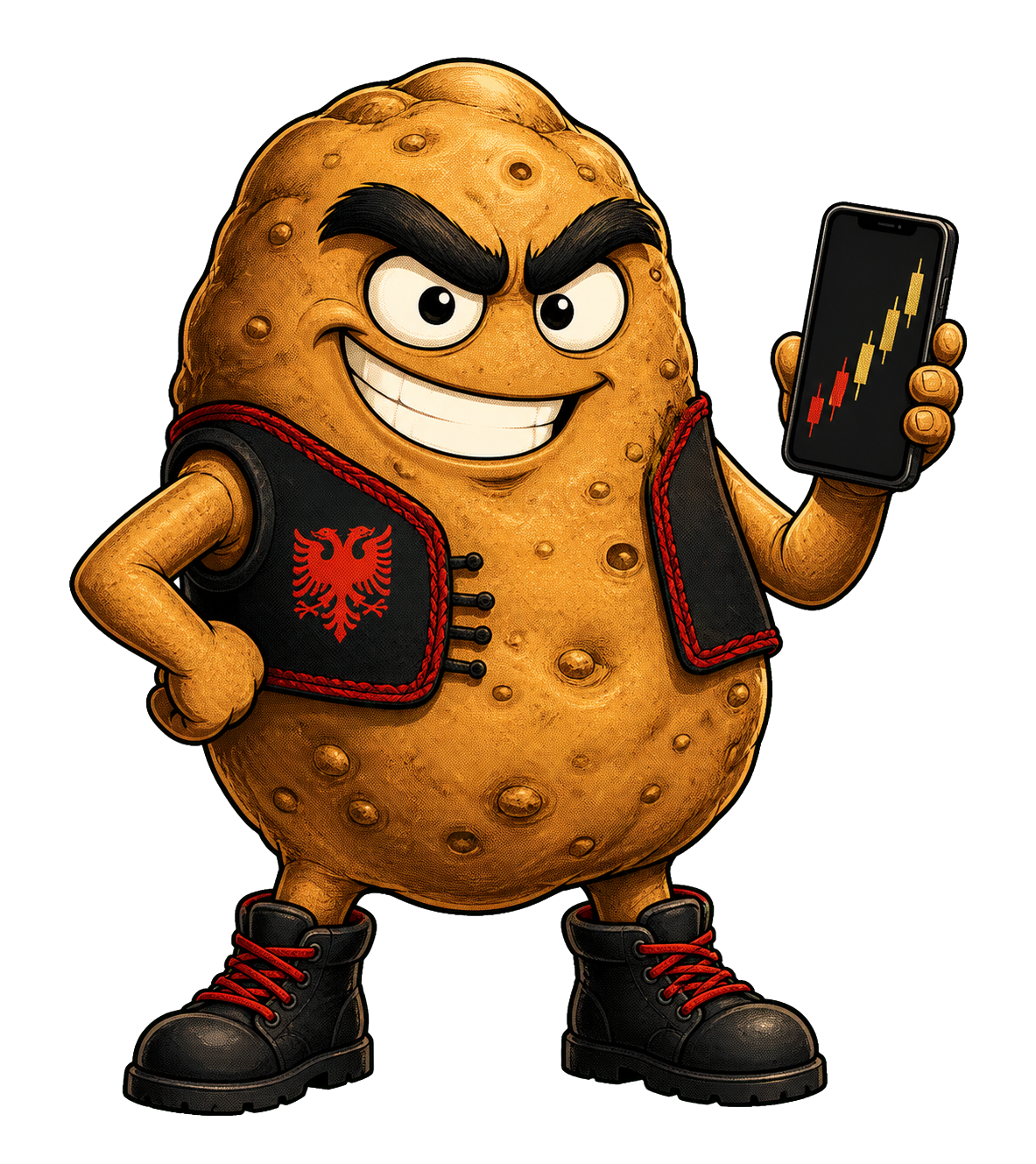 Caddie as a giant cartoon potato trader